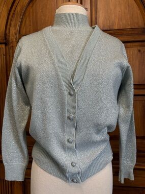 1980’s Cute BFA Classics Silver Metallic Knit Cardigan Twin Sweater Set